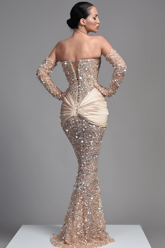 Beautiful Sequins Evening Dress Off-the-Shoulder Half Sleeves