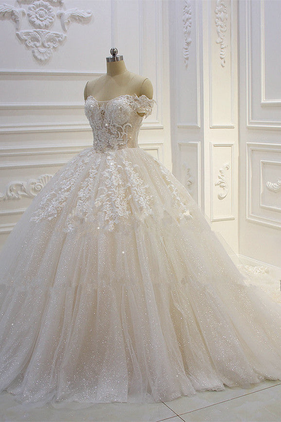 Off-The-Shoulder Sequin Sweetheart Ball Gown Wedding Dress with Lace Appliques