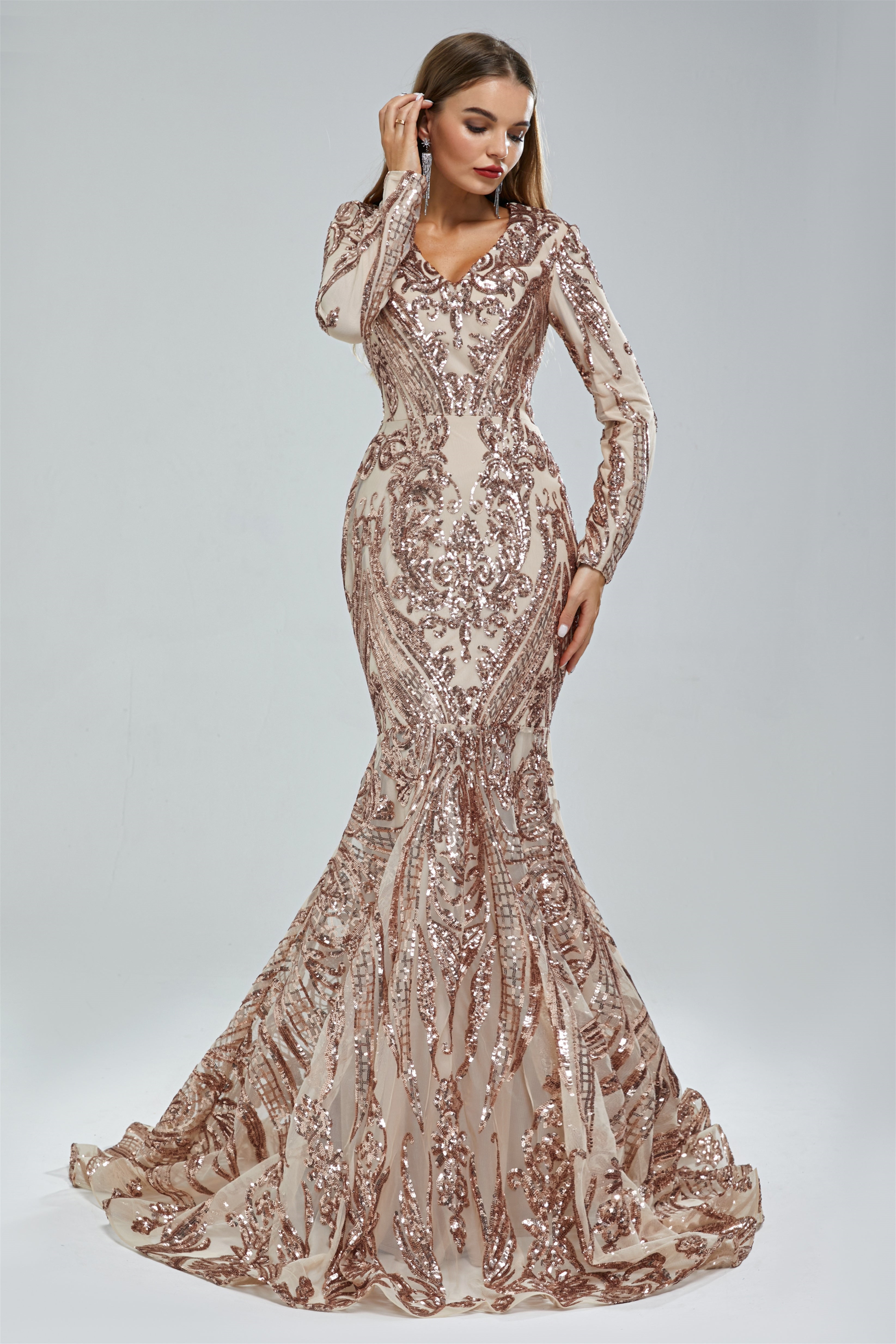 Gorgeous V-Neck Mermaid Prom Dress Long Sleeves Sequins Long