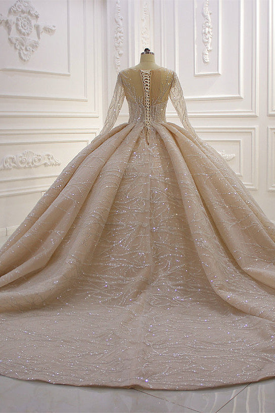 Elegant Bateau Floor-length Ball Gown with Long Sleeves and Ruffles