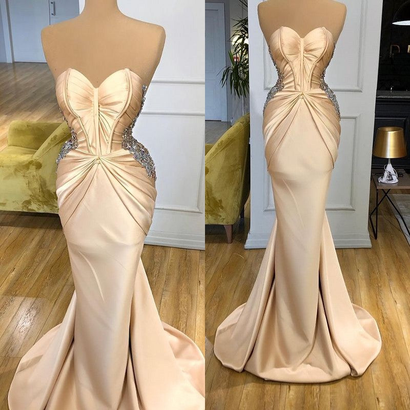 Modern Sweetheart Champagne Mermaid Prom Dress Long With Beads
