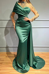 Gorgeous Long Sleeves Crystal Mermaid Prom Dress High Neck with Ruffles