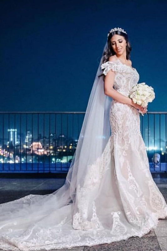 Long Off-the-shoulder Mermaid Wedding Dress in Elegant Lace Tulle