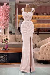 Glamorous Straps Sweetheart Mermaid Sequin Split Evening Dress with Pleats
