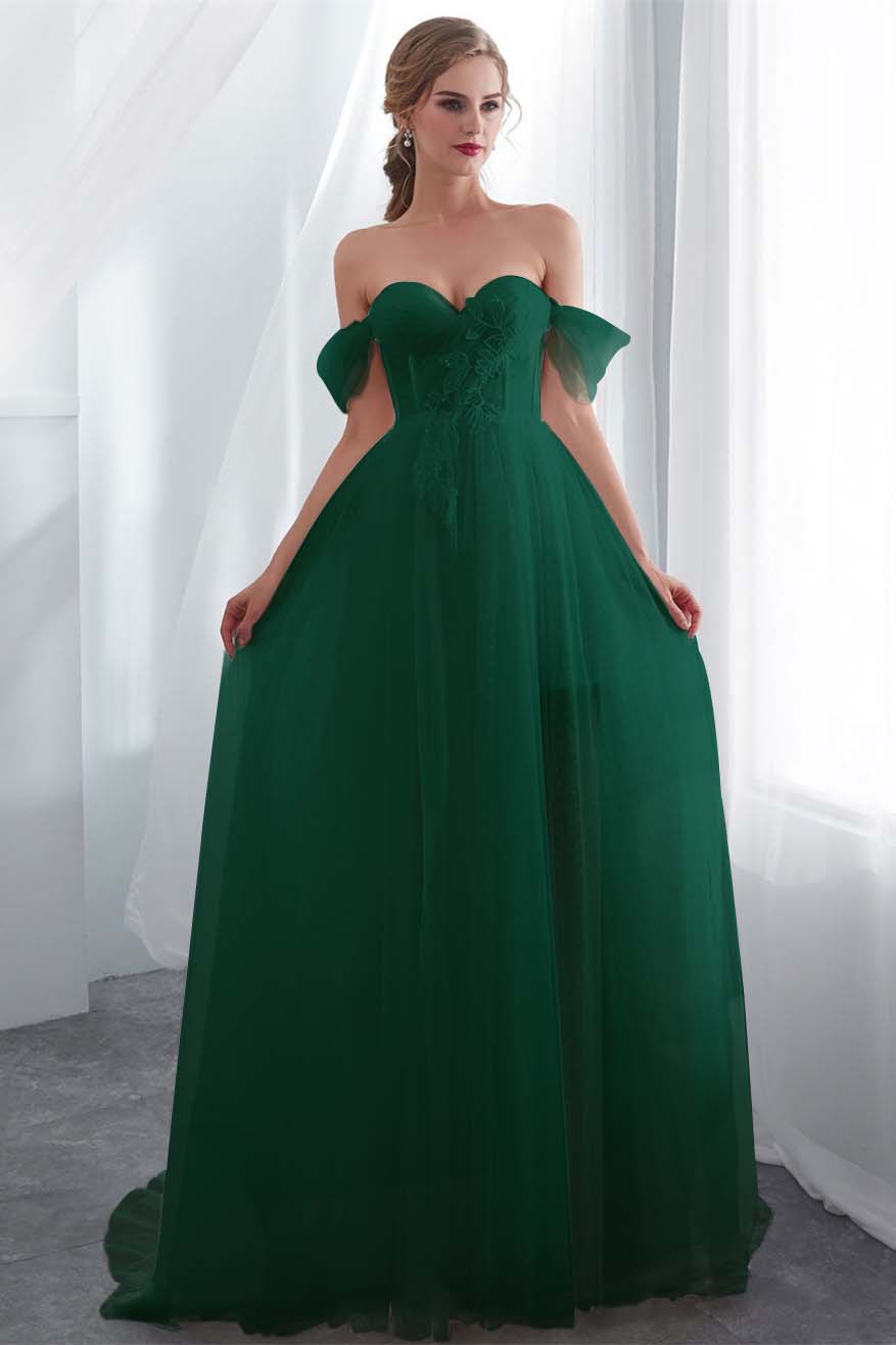 Elegant Long Tulle Wedding Dress with Off-the-Shoulder Design