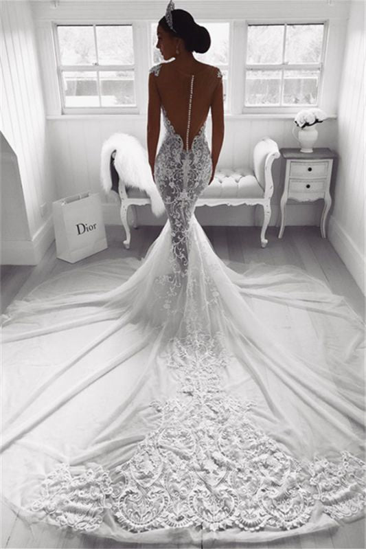 Elegant Mermaid Wedding Dress with Lace Appliques and Zipper Button Back, Cap Sleeves by Ballbellas