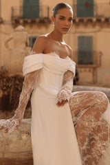 Elegant White Satin Off-the-Shoulder Gown with Long Lace Sleeves and Side Split