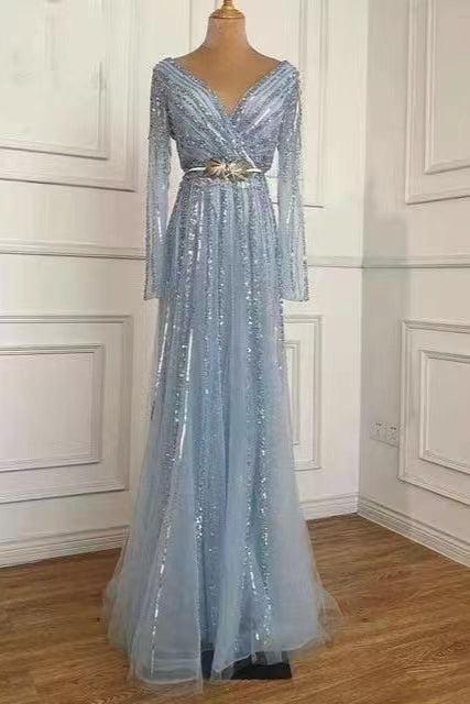 Elegant Long Sleeves Deep V-Neck Sequins Evening Dress with Beads Tulle