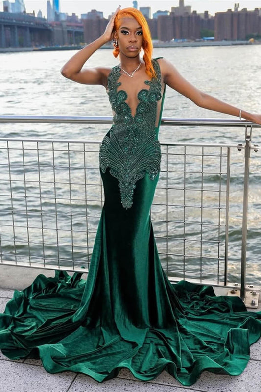 Stunning Emerald Green Mermaid Prom Dress Long Beadings On Sale Sleeveless