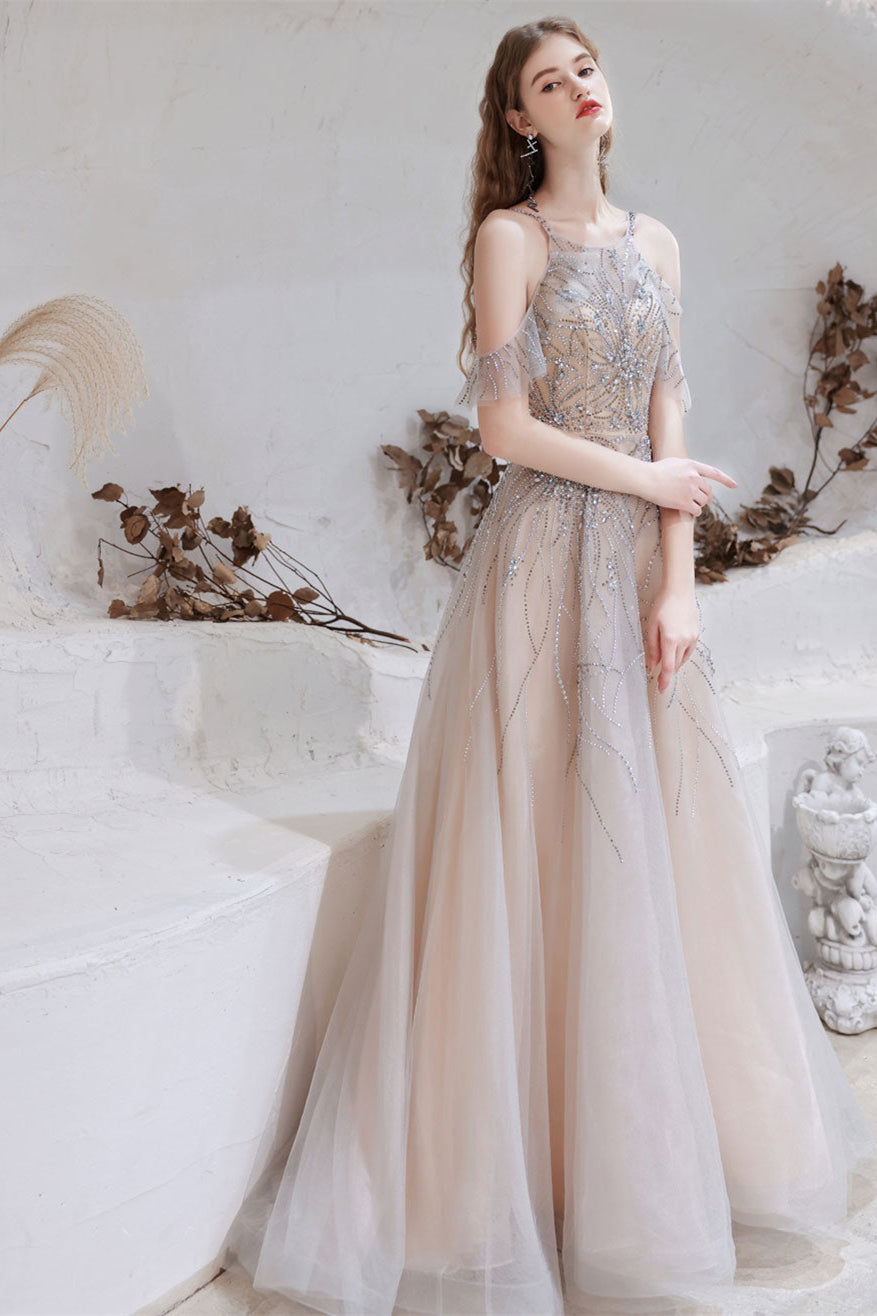 Gorgeous Halter Sleeveless Prom Dress Tulle With Beadings Crystals