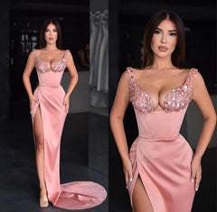 Beautiful Pink Prom Dress Sequins Spaghetti Strap With Slit Satin