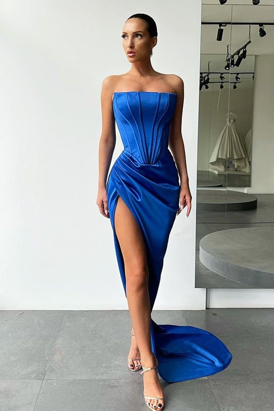 Amazing Strapless Long Prom Dress Split Evening Party Gowns
