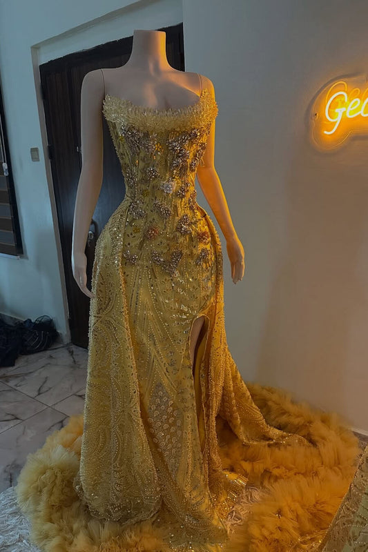 Modern Gold Strapless Beaded Prom Dress Mermaid Split Long With Detachable Skirt