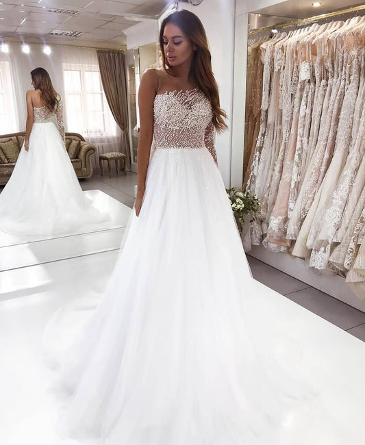 Elegant Floor-length A-Line Wedding Gown with Pearl Lace and Bateau Long Sleeves