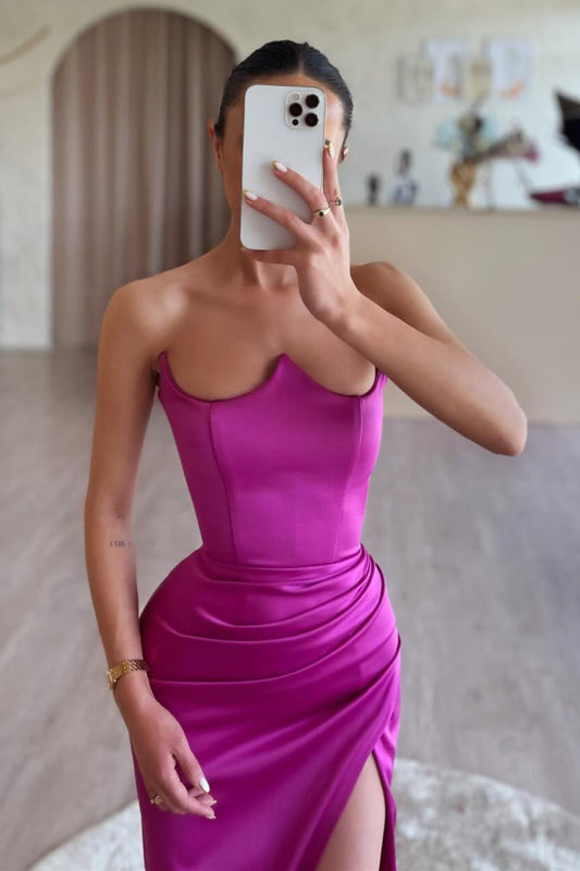 Popular Fuchsia Strapless Sleeveless Mermaid Prom Dresses With Split Online