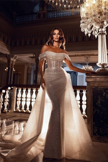 Classic Off-the-Shoulder Sequins Prom Dress Mermaid Long Overskirt