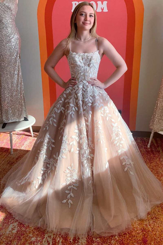 Gorgeous Champagne Spaghetti-Straps Sleeveless A-Line Prom Dress With Appliques