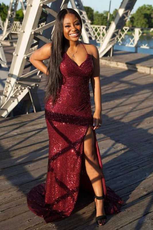 Gorgeous Spaghetti-Straps Sequins Prom Dress Mermaid Burgundy Party Gowns WIth Slit