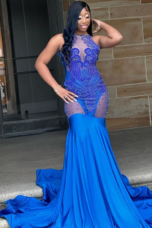 Modern Royal Blue Sleeveless Mermaid Prom Dress Tulle With Beadings