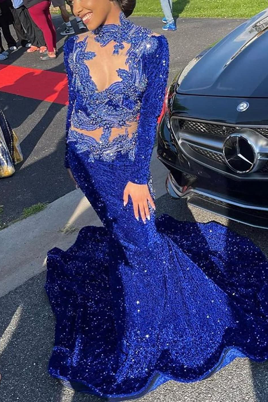 Modern Dark Blue High Neck Mermaid Prom Dress With Sequins Beadings Long Sleeves