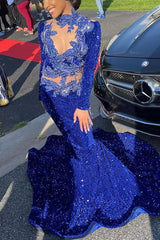 Modern Dark Blue High Neck Mermaid Prom Dress With Sequins Beadings Long Sleeves