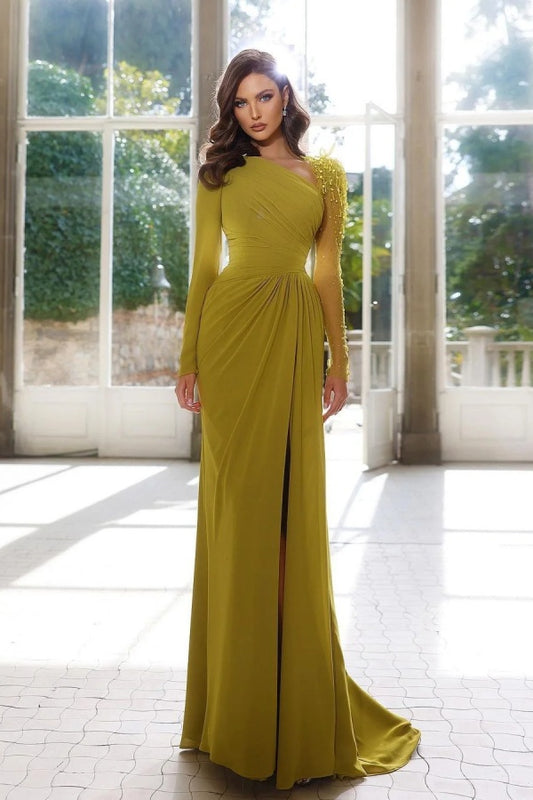 Elegant Long Sleeve Yellow Prom Dress Asymmetric Pleated Slit