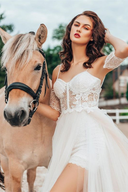 Wedding Dress with Detachable Spaghetti Straps and Lace Split