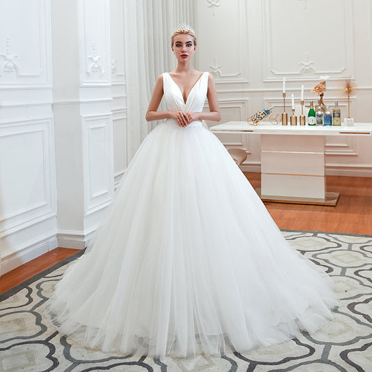 Elegant A-Line Wedding Gown with Deep V-Neck and Wide Tulle Straps