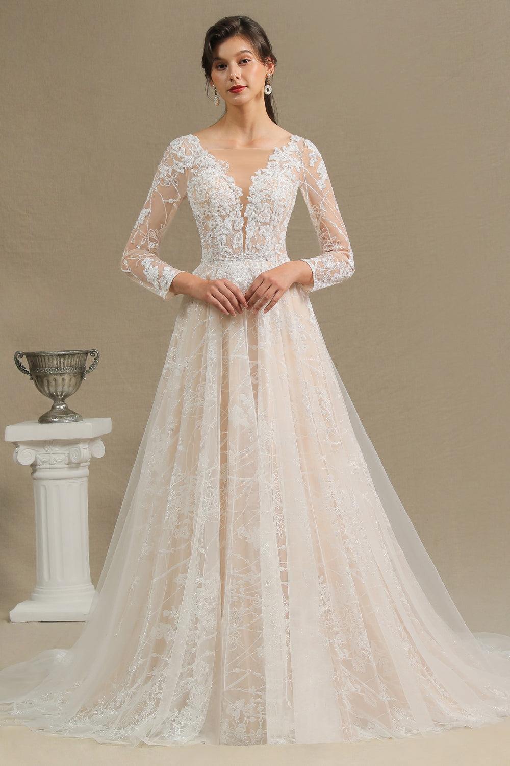 Elegant Long-Sleeve Illusion Wedding Gown in Sheer Tulle with Lace
