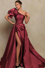 Burgundy Mermaid Long Evening Dress Strapless Split Pleated