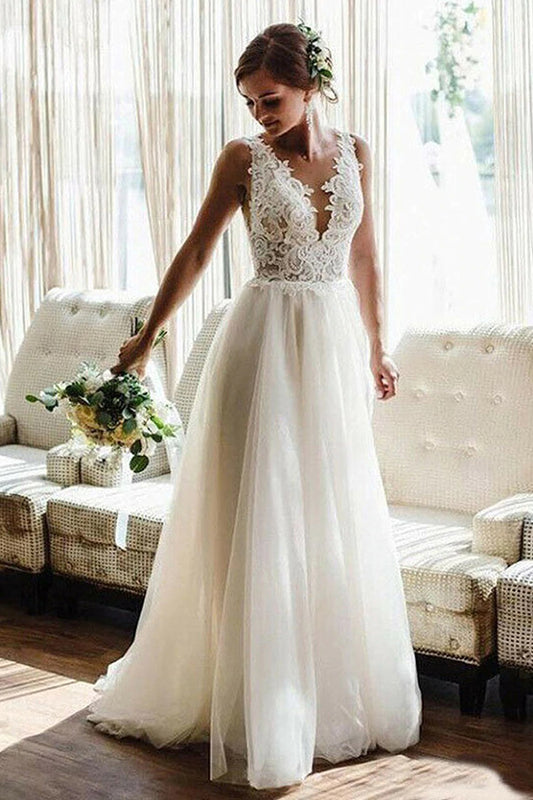 Elegant V-neck A-line Backless Bridal Gown Featuring Lace Applique Straps