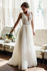 Elegant V-neck A-line Backless Bridal Gown Featuring Lace Applique Straps