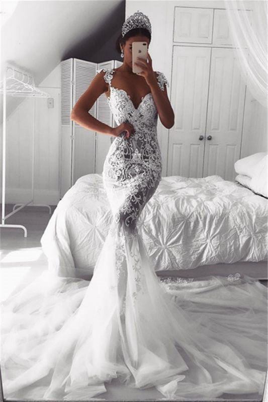 Elegant Mermaid Wedding Dress with Lace Appliques and Zipper Button Back, Cap Sleeves by Ballbellas