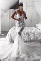Elegant Mermaid Wedding Dress with Lace Appliques and Zipper Button Back, Cap Sleeves by Ballbellas