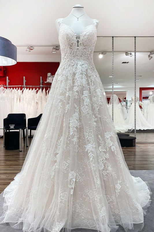 Elegant V-Neck A-Line Wedding Gown with Long Ruffles and Open Back in Tulle Lace
