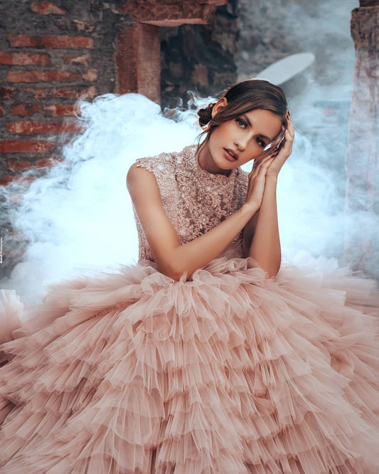 Elegant Pink Princess A-line Wedding Gown with High Neck and Long Tulle Skirt