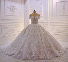 Sweetheart Off-the-Shoulder Backless Wedding Dress with Lace Ruffles and Tulle Appliques by Miabel