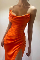 New Arrival Orange Strapless Sleeveless Mermaid Prom Dress Pleats With Split