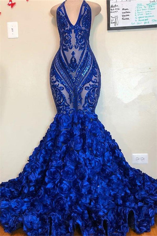 Royal Blue Sequins Mermaid Prom Dress Flowers