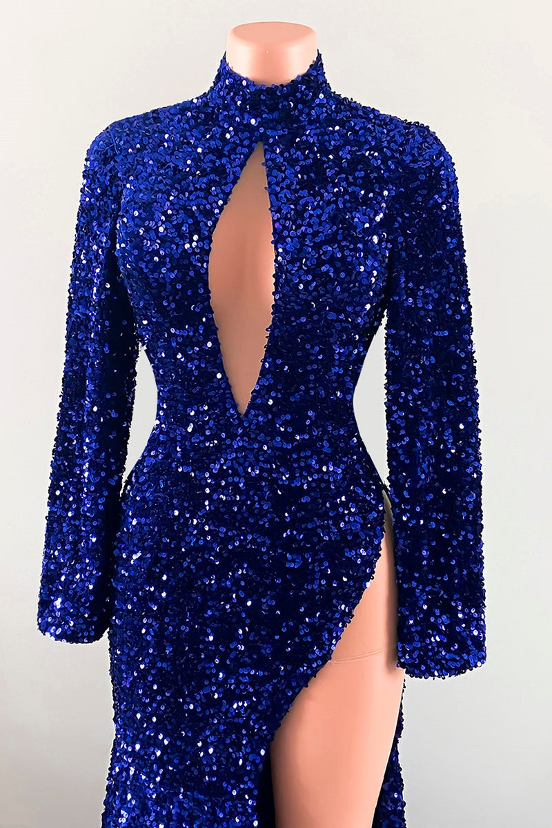 New Arrival Royal Blue Keyhole Mermaid Prom Dress Sequins Long Sleeves Slit