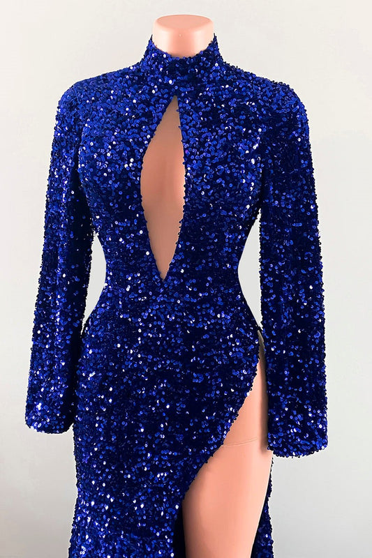 New Arrival Royal Blue Keyhole Mermaid Prom Dress Sequins Long Sleeves Slit