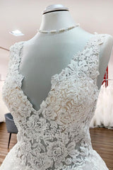 Elegant A-line V-neck Tulle Wedding Gowns with Eye-catching White Lace Ruffles