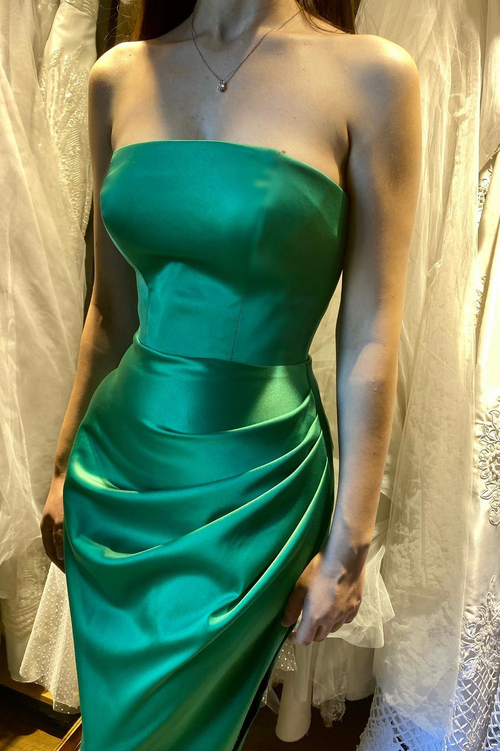 New Arrival Emerald Strapless Sleeveless Mermaid Prom Dress Pleats With Split