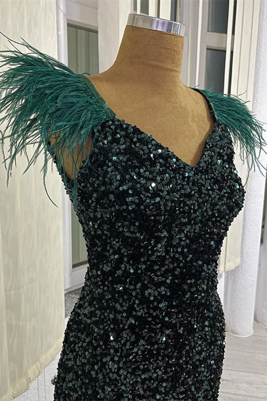 Classy Dark Green Sequins Mermaid Prom Dress With Feather Cap Sleeve