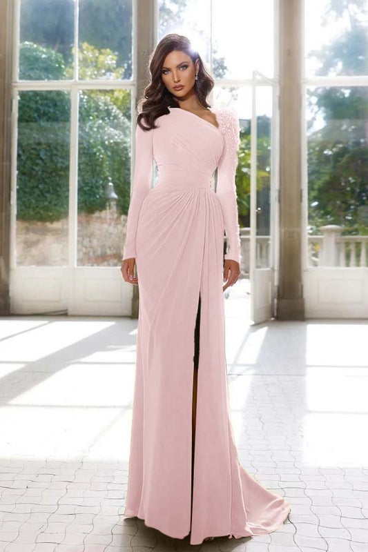Elegant Long Sleeve Yellow Prom Dress Asymmetric Pleated Slit