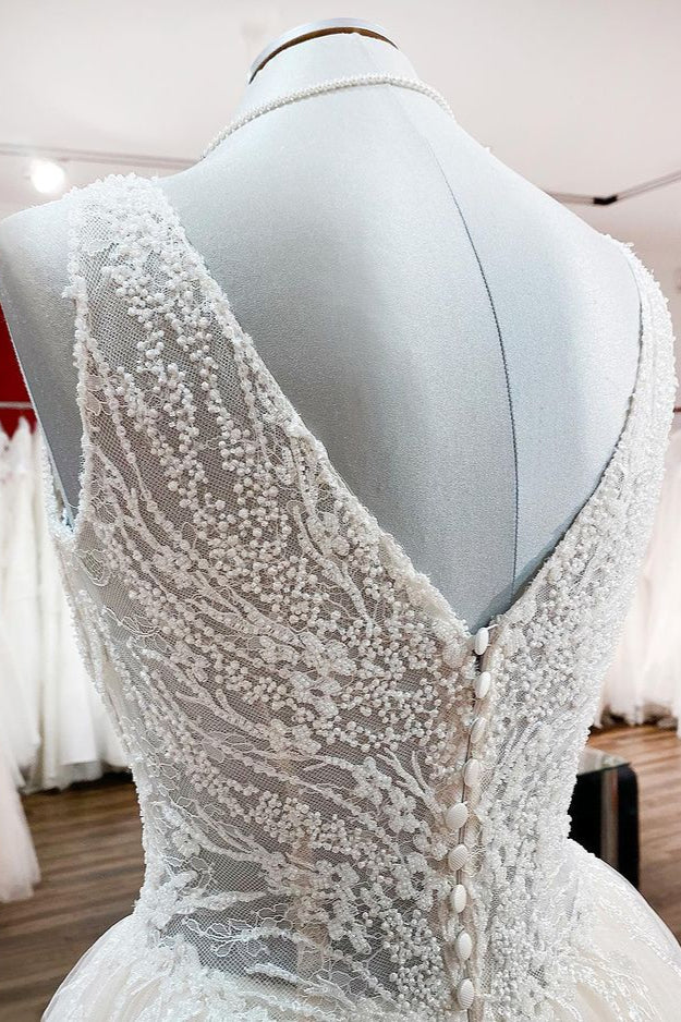 Elegant Ivory Princess Wedding Dress with V-neck, Long Ruffles, and Tulle Lace