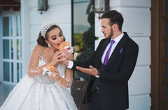 Elegant Long Sweetheart Ball Gown Wedding Dress with Beaded Sleeves