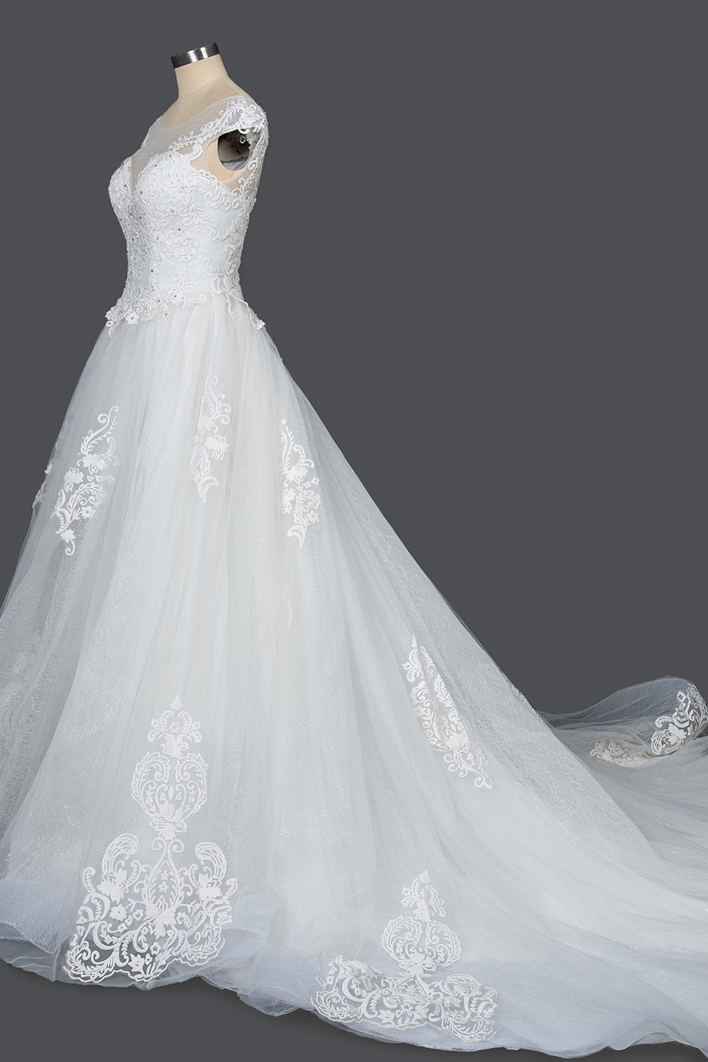 Elegant Cap Sleeve Sheer Tulle Ball Gown Wedding Dress With V-neck Lace