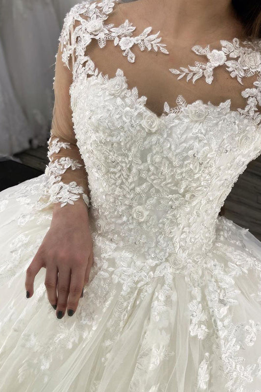 Elegant Long-Sleeve Sheer Tulle Ball Gown Wedding Dress Featuring Appliques
