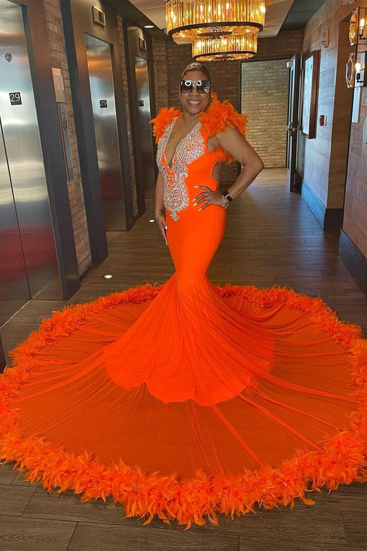 Classic Orange Crystal Prom Dress Mermaid V-Neck With Feathers